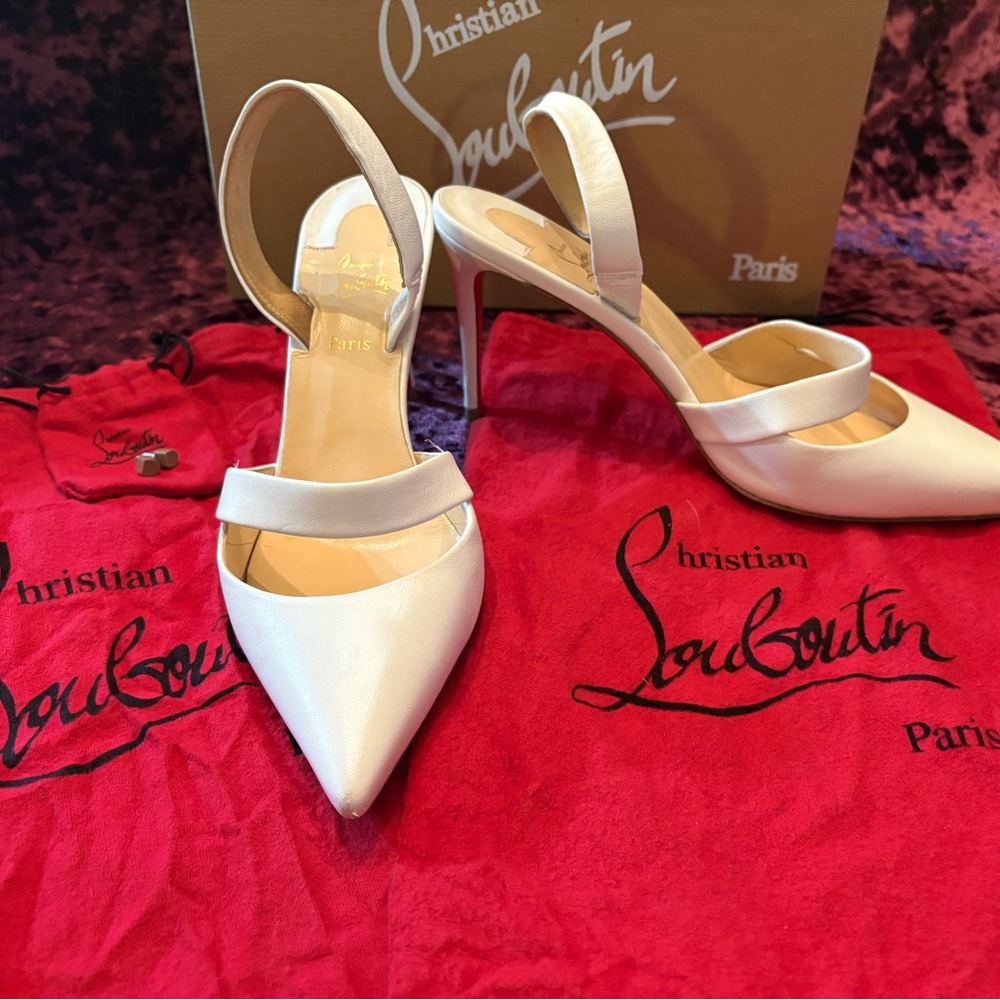 Christian Louboutin White Slingback Actina 85 Nappa Shiny - Latte